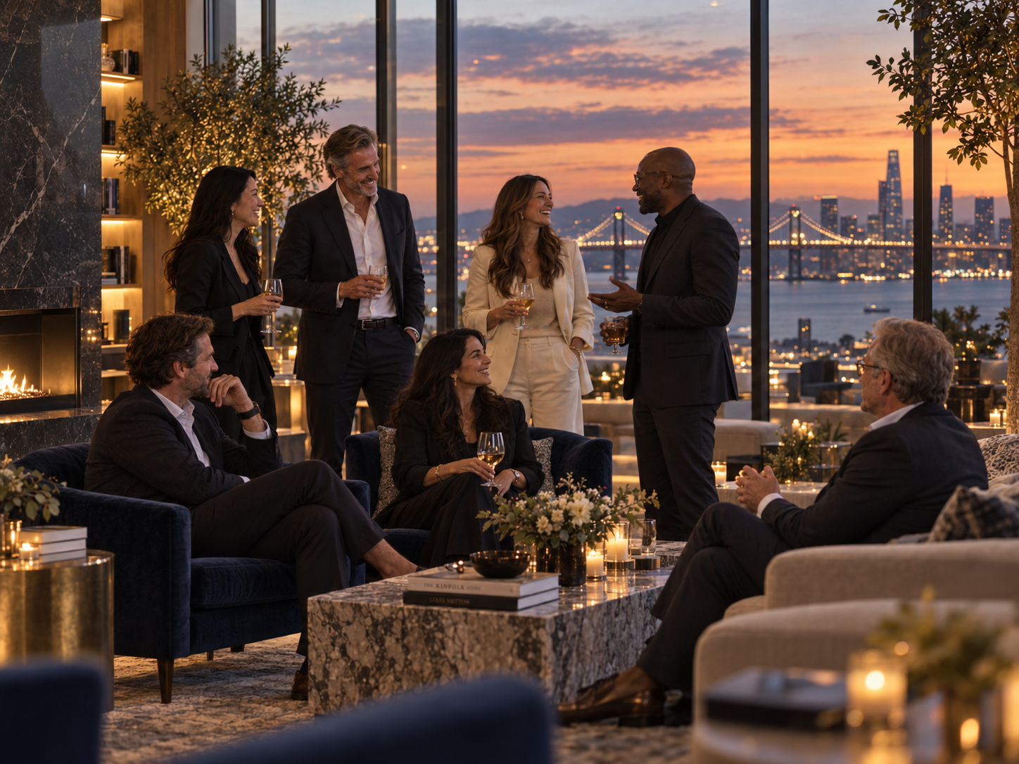 Executives in conversation at a private evening gathering, overlooking the San Francisco Bay at dusk