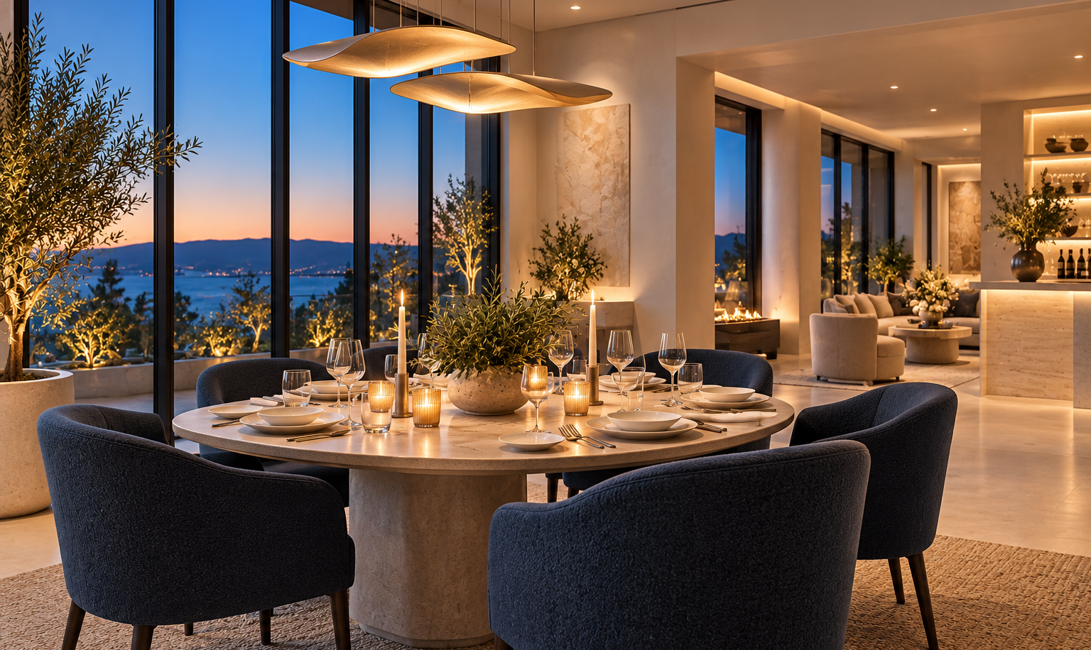 A softly lit dining room prepared for a private evening gathering